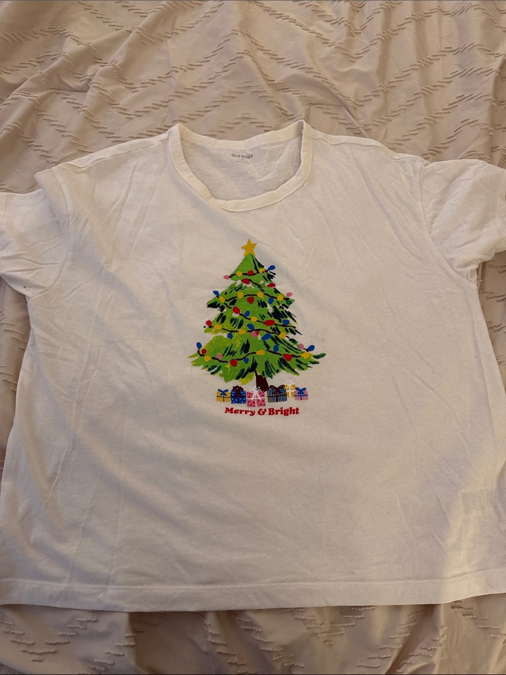 Old Navy White Tee with Green Christmas Tree and Multicolor Lights